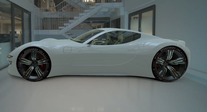 Example of a virtual car portrayed in a real-world environment through video pass-through mixed reality 